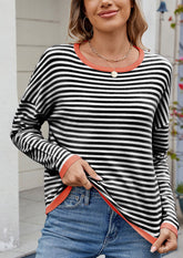 Contrasting Trimmed Striped Knit Sweater